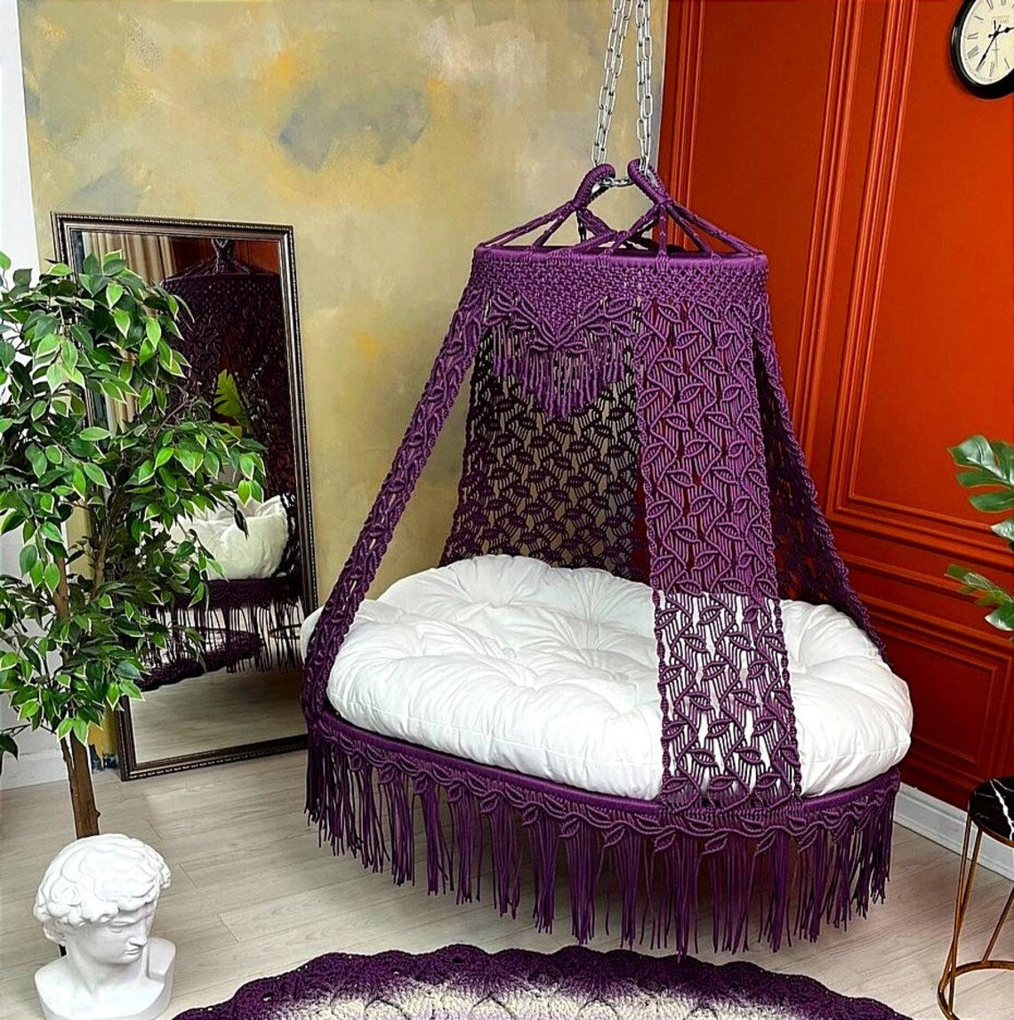 Purple Macrame Sofa Swing With Mattress And Cushions - Leechoo